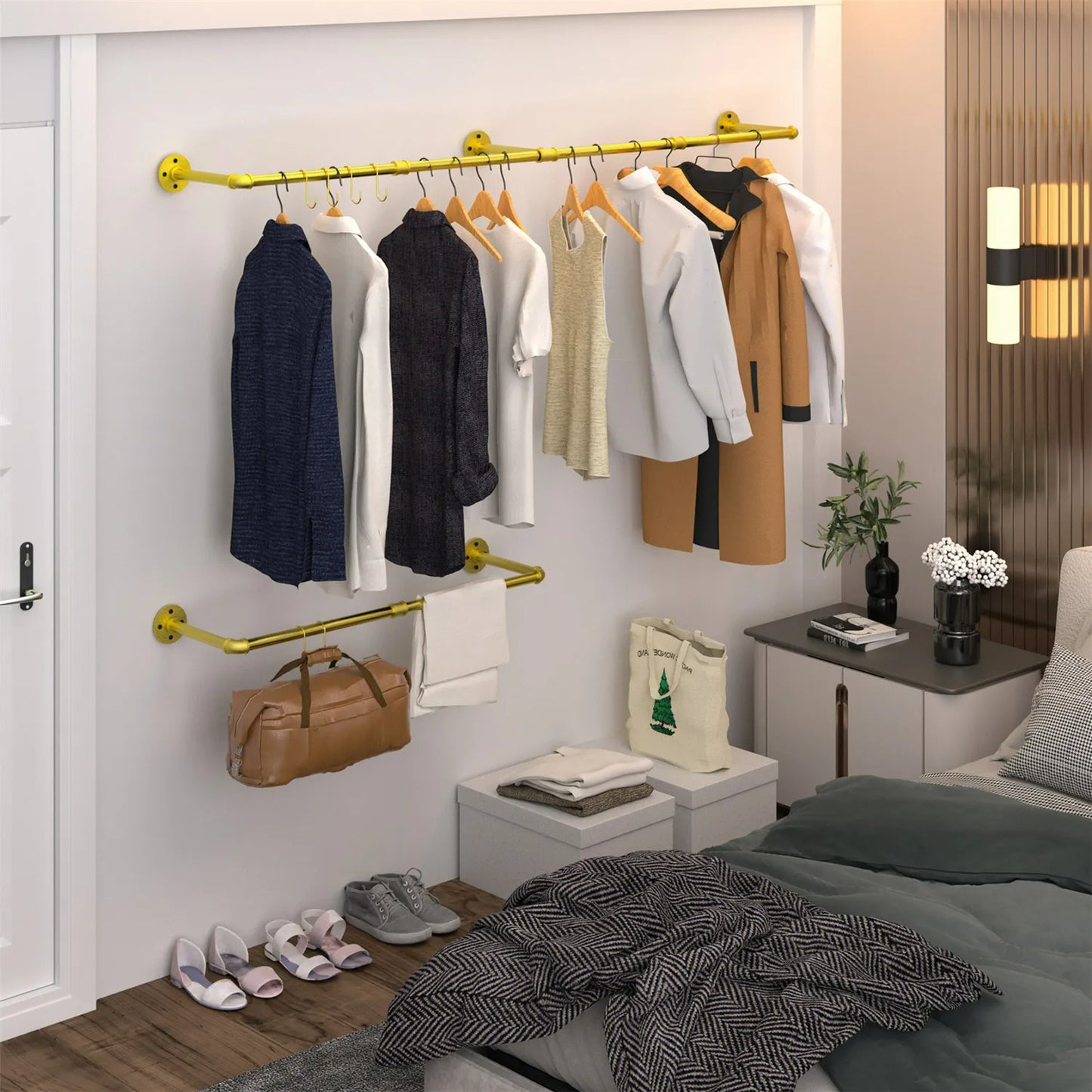 FlexGear™ Industrial Pipe Clothes Rack with Top Shelf and 3 Hooks