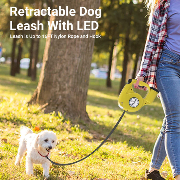 Trela ​​retrátil para cães com dispensador de saco de cocô de cachorro e luz de flash LED. 