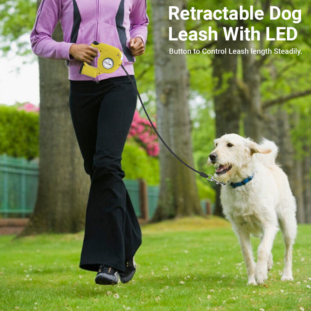 Retractable Dog Leash with Dog Poop Bag Dispenser and LED Flash Light.
