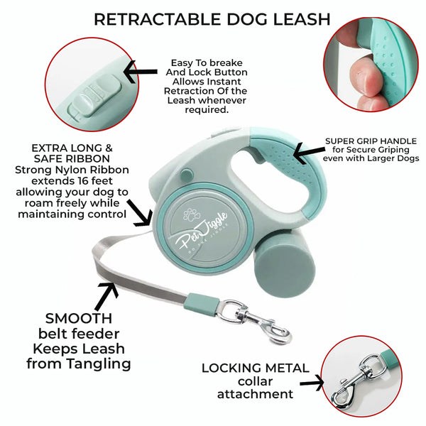 Retractable Dog Leash LED Flashlight and Poop Bag Dispenser 16FT