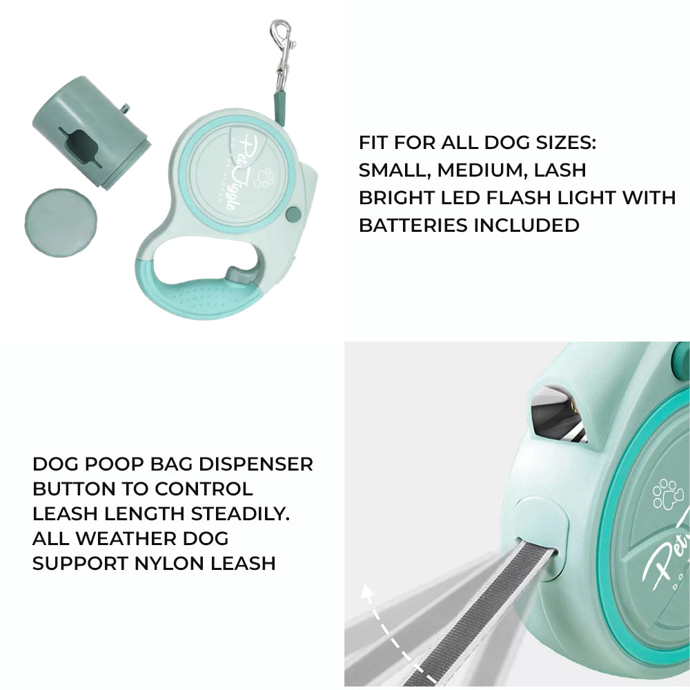 PetJiggle Laisse rétractable pour chien Lampe de poche LED et distributeur de sacs à déjections canines 16 pieds