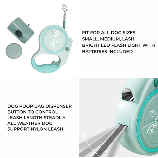 Retractable Dog Leash LED Flashlight and Poop Bag Dispenser 16FT