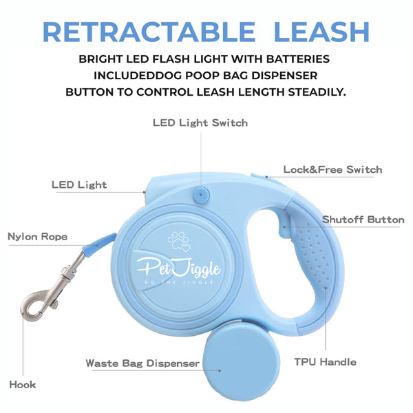 PetJiggle Laisse rétractable pour chien Lampe de poche LED et distributeur de sacs à déjections canines 16 pieds