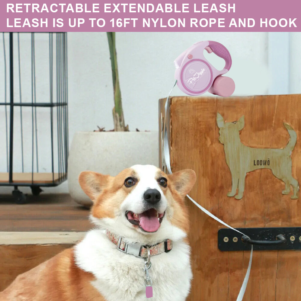 Coleira retrátil para cães PetJiggle, lanterna LED e dispensador de saco de cocô 16 pés