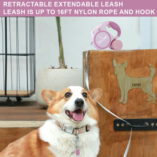 Retractable Dog Leash LED Flashlight and Poop Bag Dispenser 16FT