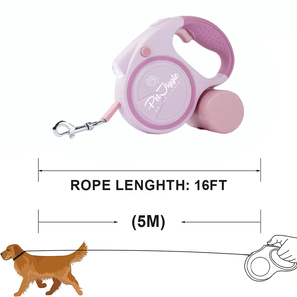 PetJiggle Laisse rétractable pour chien Lampe de poche LED et distributeur de sacs à déjections canines 16 pieds