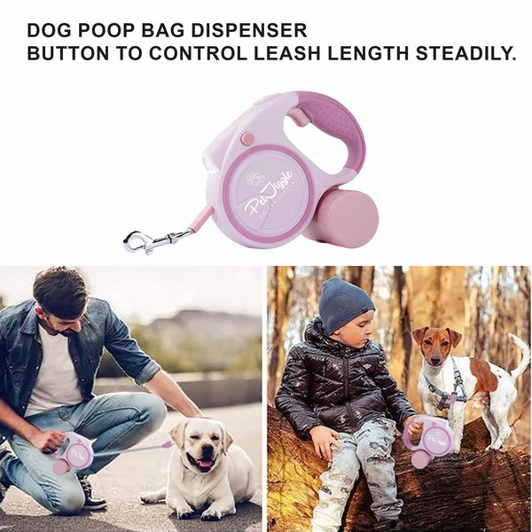 Retractable Dog Leash LED Flashlight and Poop Bag Dispenser 16FT