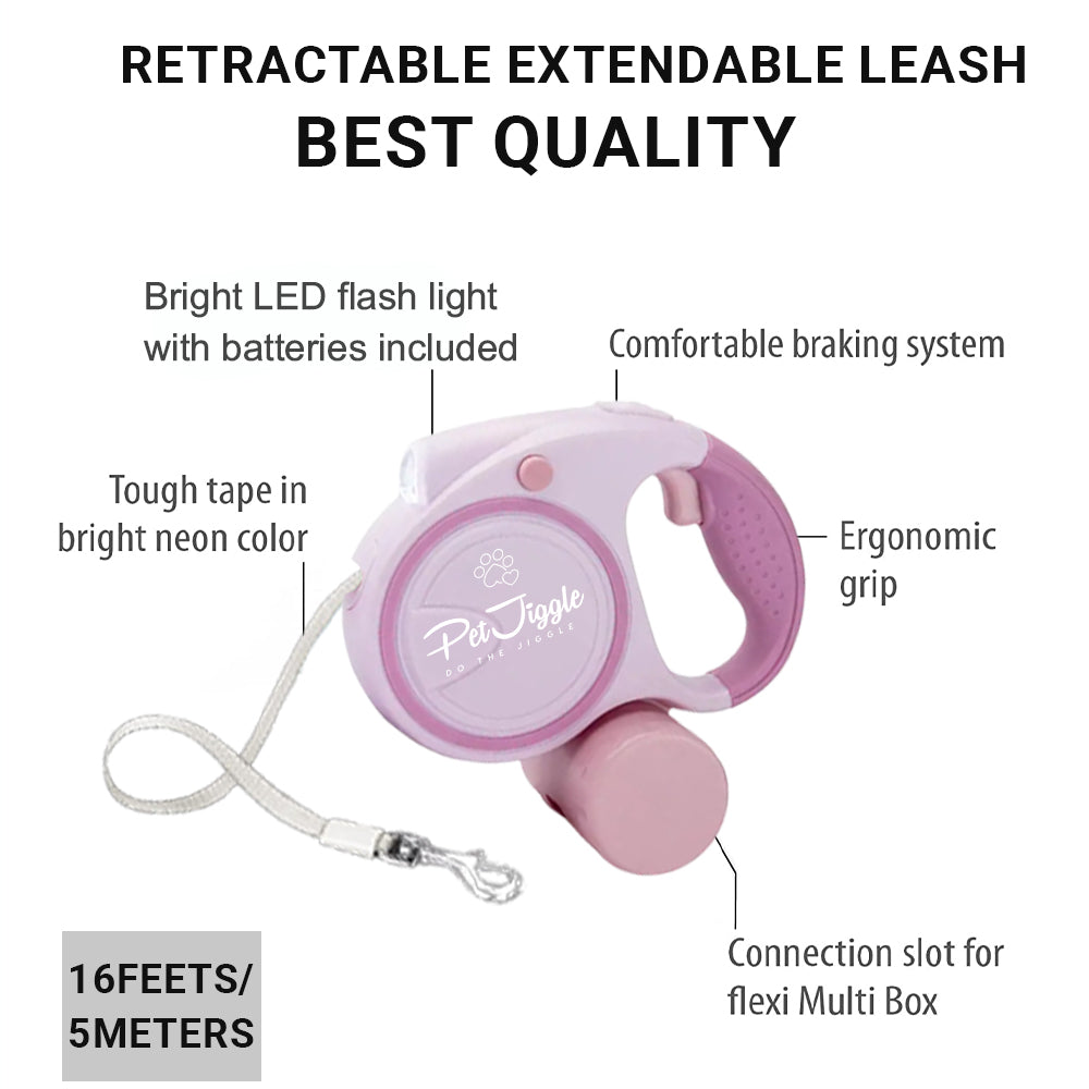 Retractable Dog Leash LED Flashlight and Poop Bag Dispenser 16FT