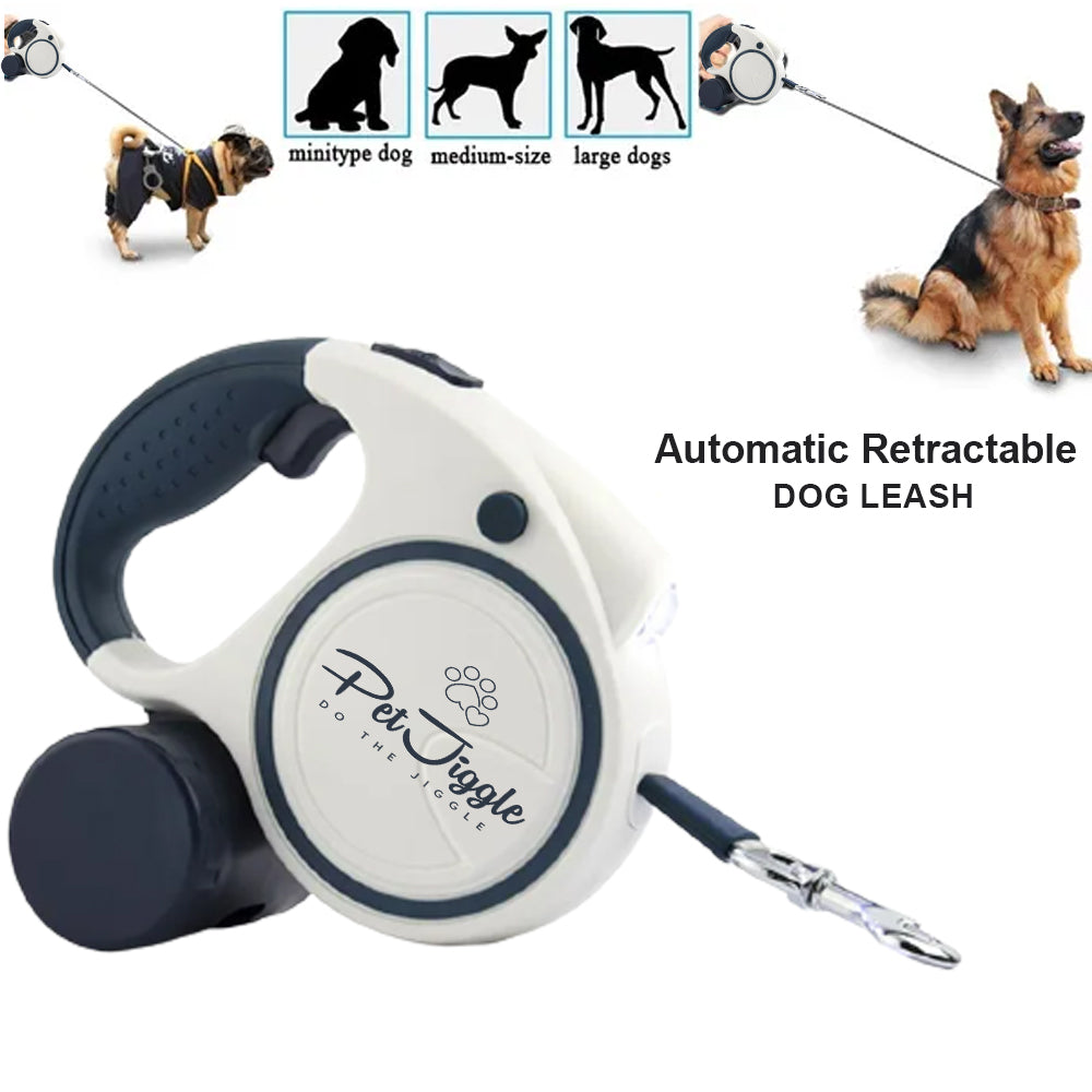 PetJiggle Laisse rétractable pour chien Lampe de poche LED et distributeur de sacs à déjections canines 16 pieds