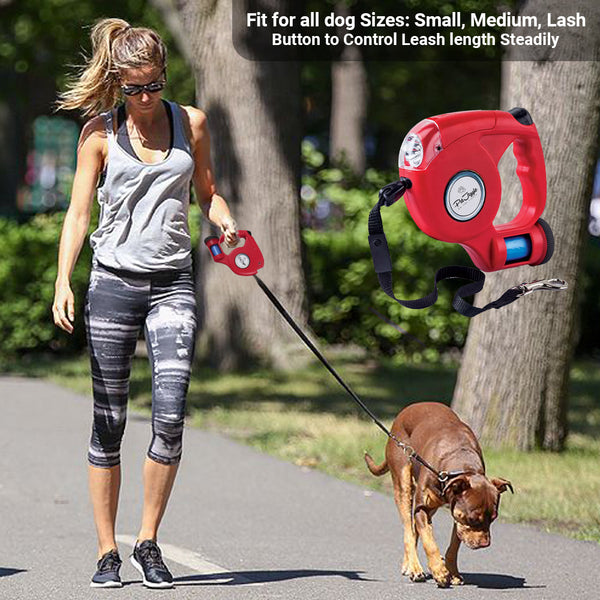 Trela ​​retrátil para cães com dispensador de saco de cocô de cachorro e luz de flash LED. 