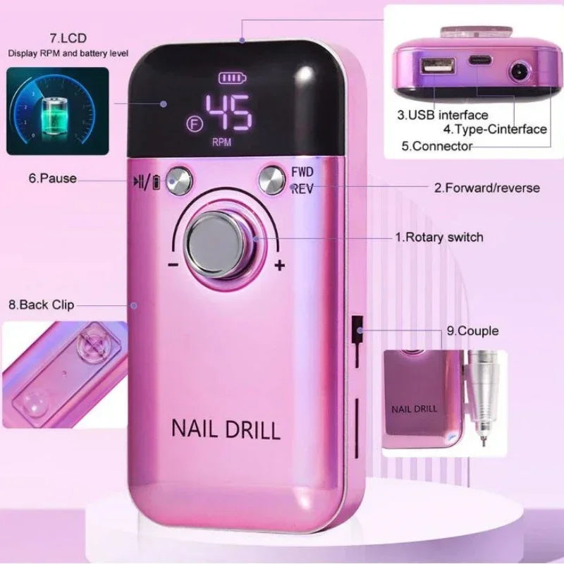 FlexiGear Nail Drill Machine Rechargeable Display Pink