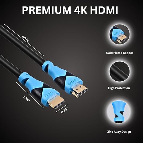 Cabo HDMI XIBUZZ 4K 40 pés de comprimento - Cabo Ultra HD de alta velocidade para TVs UHD Consoles de jogos PS5 Monitores Xbox,