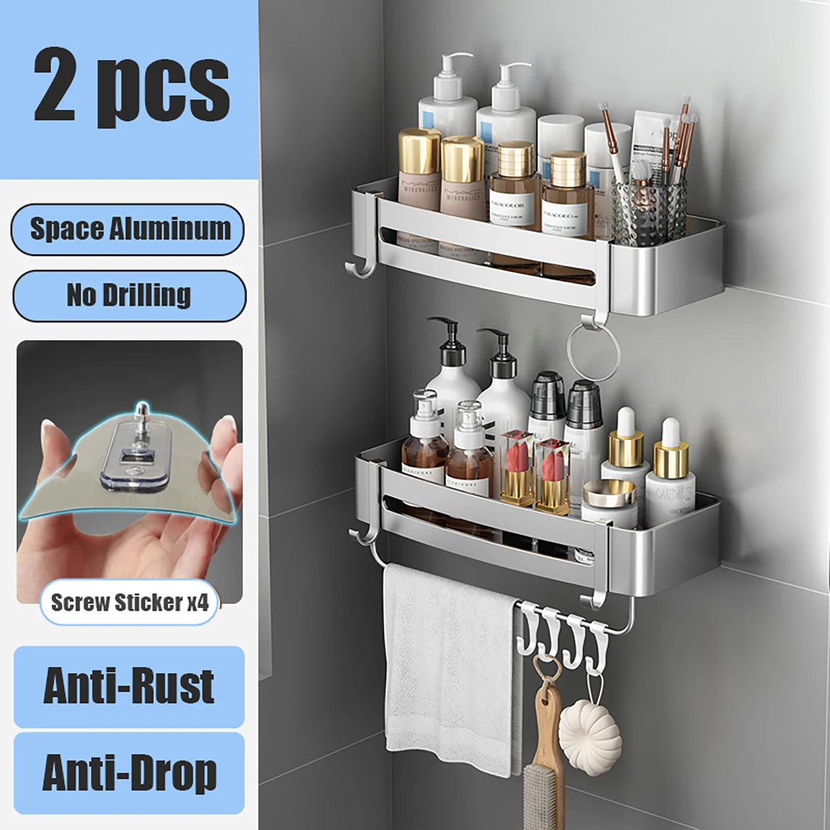 LUXIGEAR Bathroom Shower Caddy 2pcs Rectangle Silver