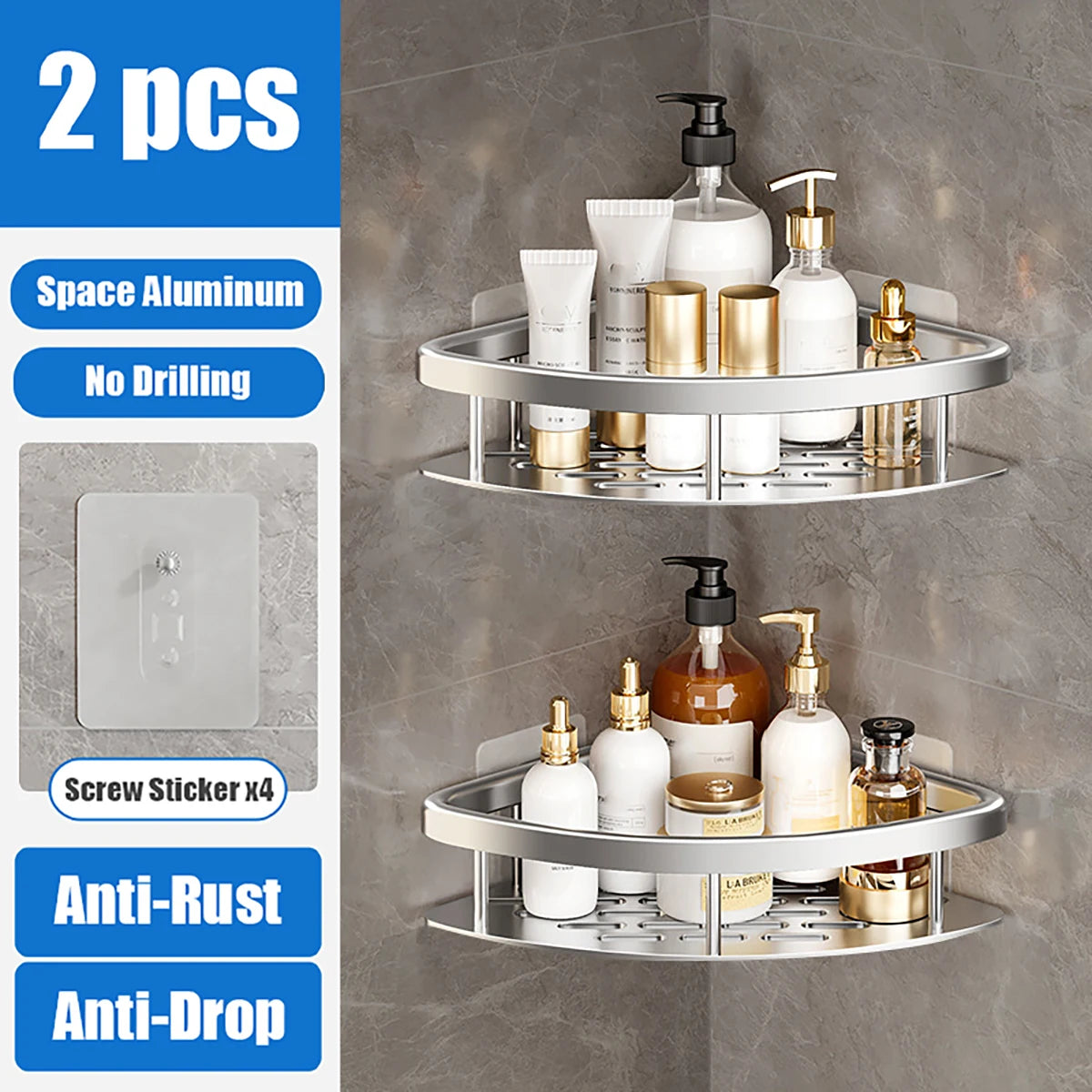 LUXIGEAR Shower Caddy 2pcs Rectangle Small Silver
