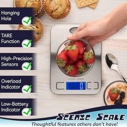 Balança digital para alimentos ScenicScale - capacidade de 5000g, precisão de 1g, display LCD transparente