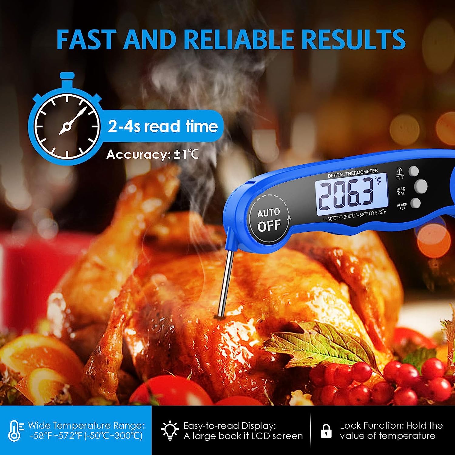 LUXIGEAR Thermomètre de cuisson à double sonde avec rétroéclairage LCD et fonction d'alarme pour barbecue, four 