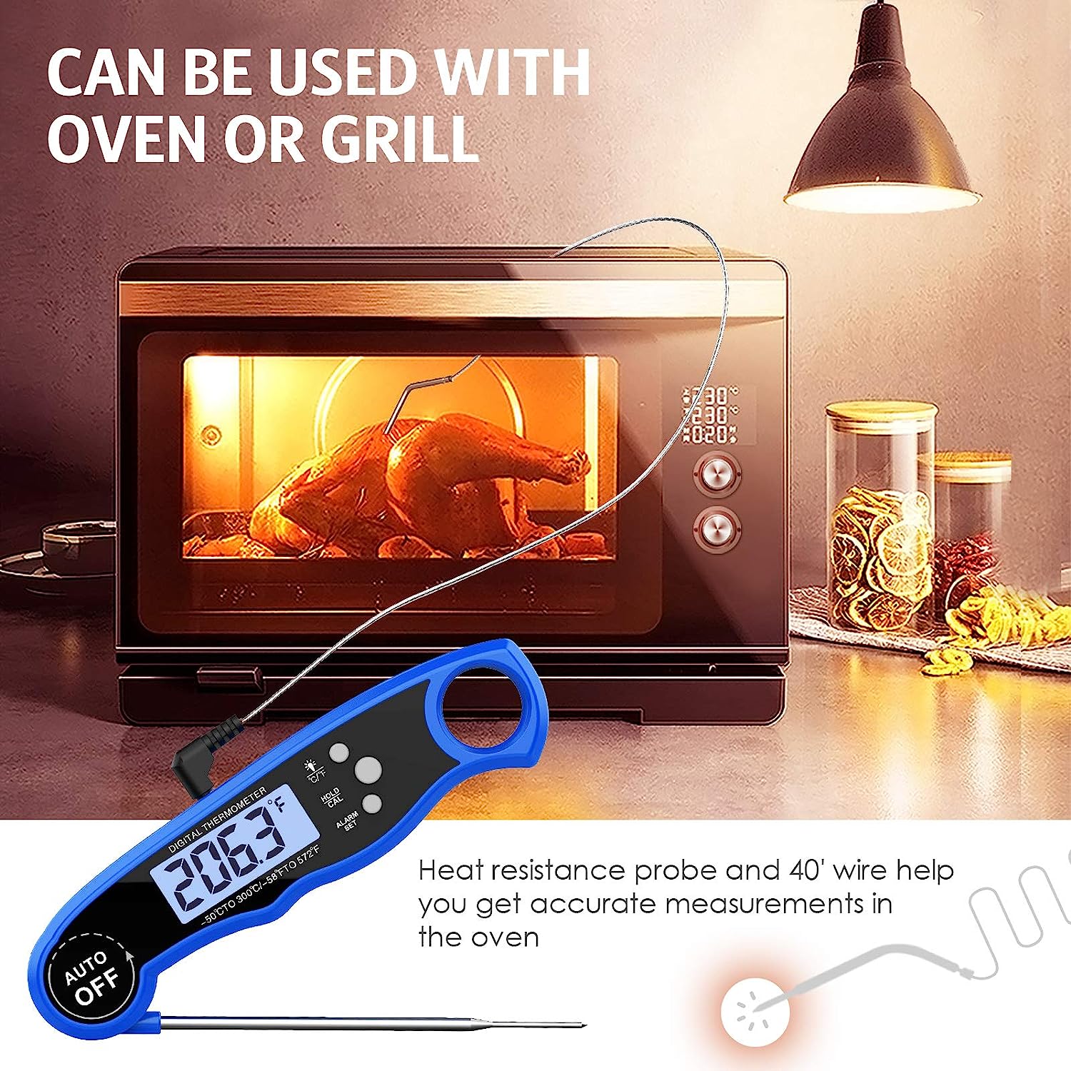LUXIGEAR Termômetro de grelha de cozinha com sonda dupla com luz de fundo LCD e função de alarme para churrasco, forno 