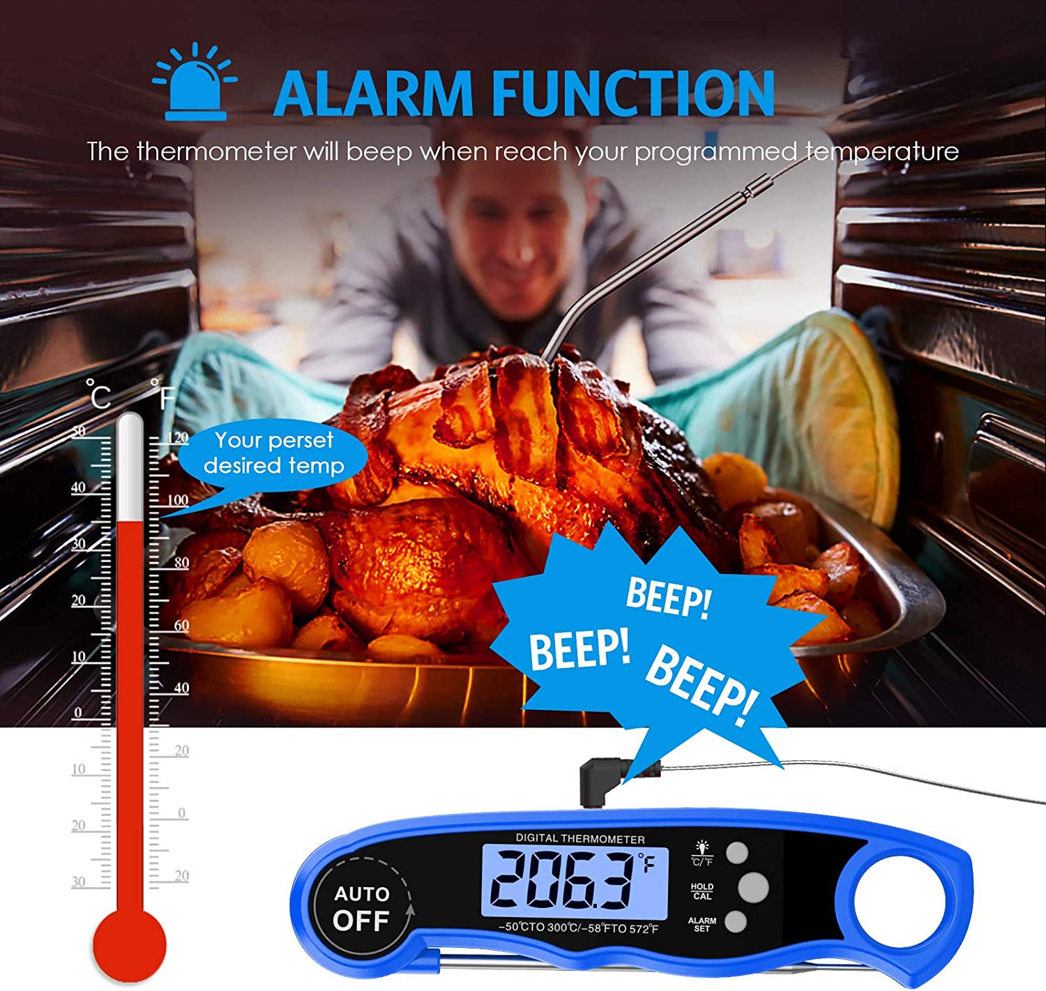 LUXIGEAR Termômetro de grelha de cozinha com sonda dupla com luz de fundo LCD e função de alarme para churrasco, forno 
