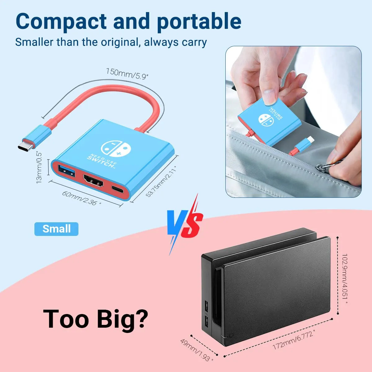 Adaptador de múltiplas portas XIBUZZ 3 em 1 compatível com Nintendo Switch - Hub USB-C com HDMI e USB 3.0 perfeito para viagens e jogos