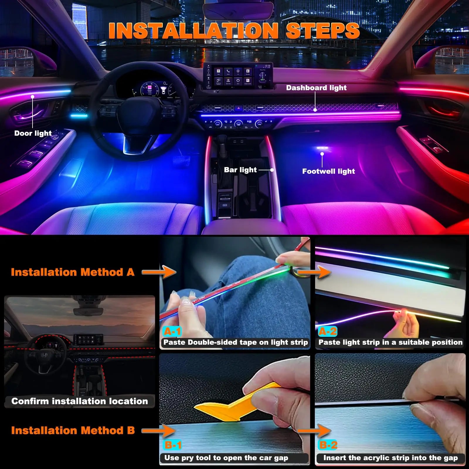 XIBUZZ™ Universal Symphony Car Ambient Lights | RGB LED Interior Lights for Tesla Model 3, Y, S, X