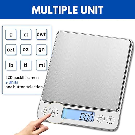 Digital Food Scale - 500g Capacity, 0.01g Accuracy, Clear LCD Display & Six Selectable Unit, Food Scale Measures in Grams and oz. for Baking