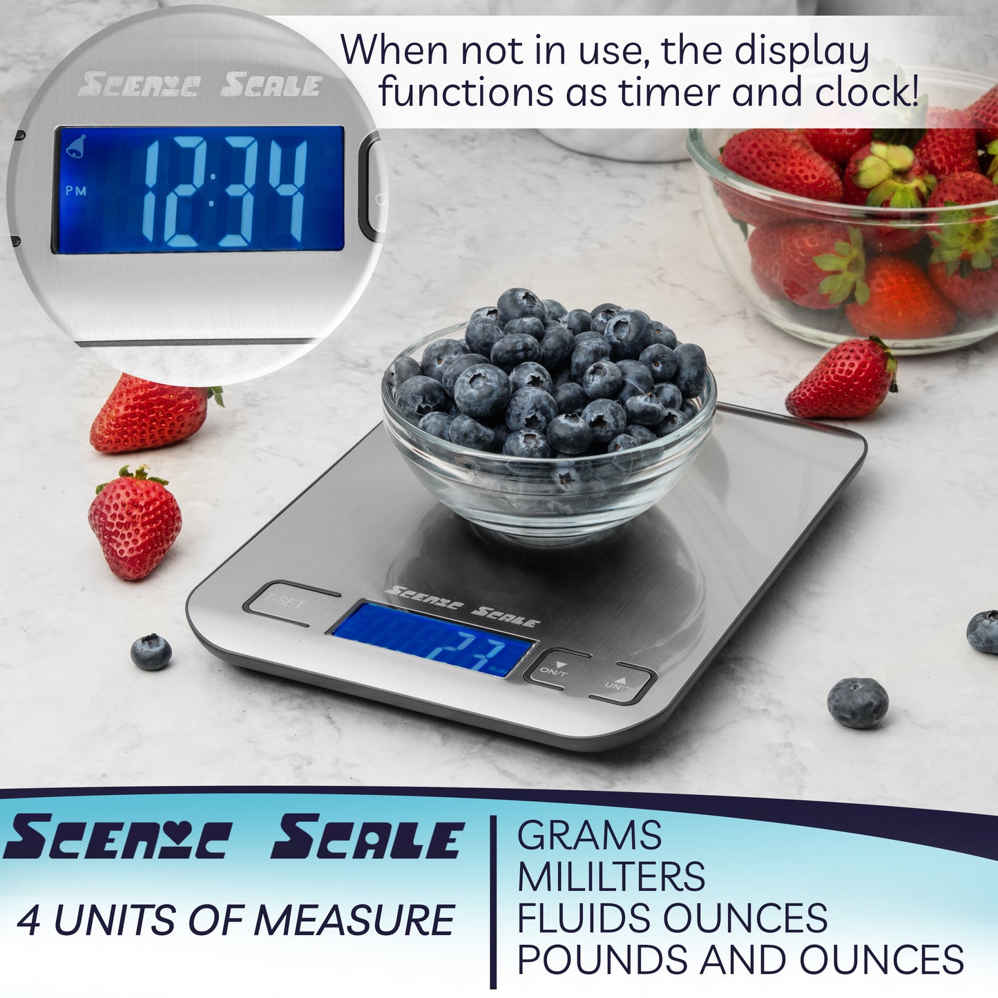 Balance alimentaire numérique de cuisine ScenicScale avec une capacité de 5 kg et une précision de 1 g en acier inoxydable.