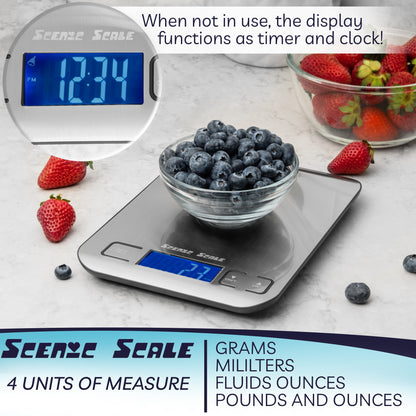 Balance alimentaire numérique de cuisine ScenicScale avec une capacité de 5 kg et une précision de 1 g en acier inoxydable.