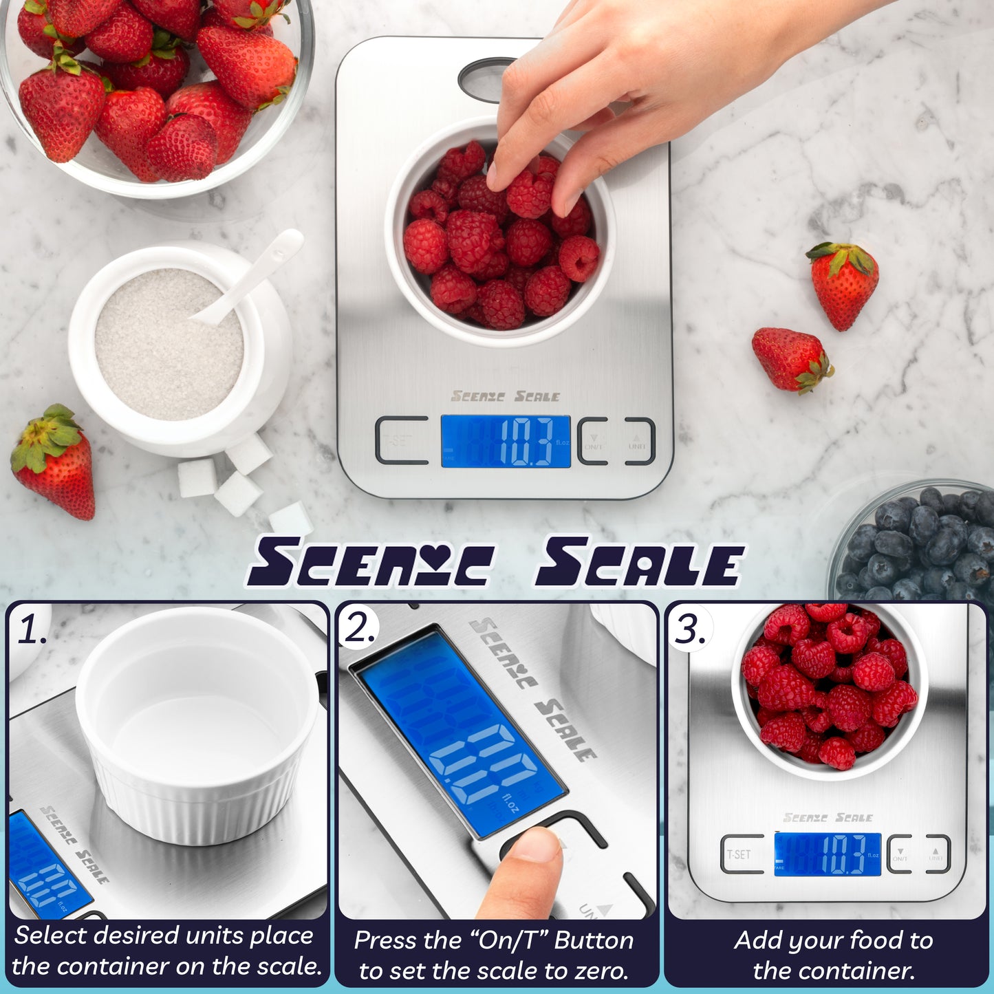 Balance alimentaire numérique de cuisine ScenicScale avec une capacité de 5 kg et une précision de 1 g en acier inoxydable.