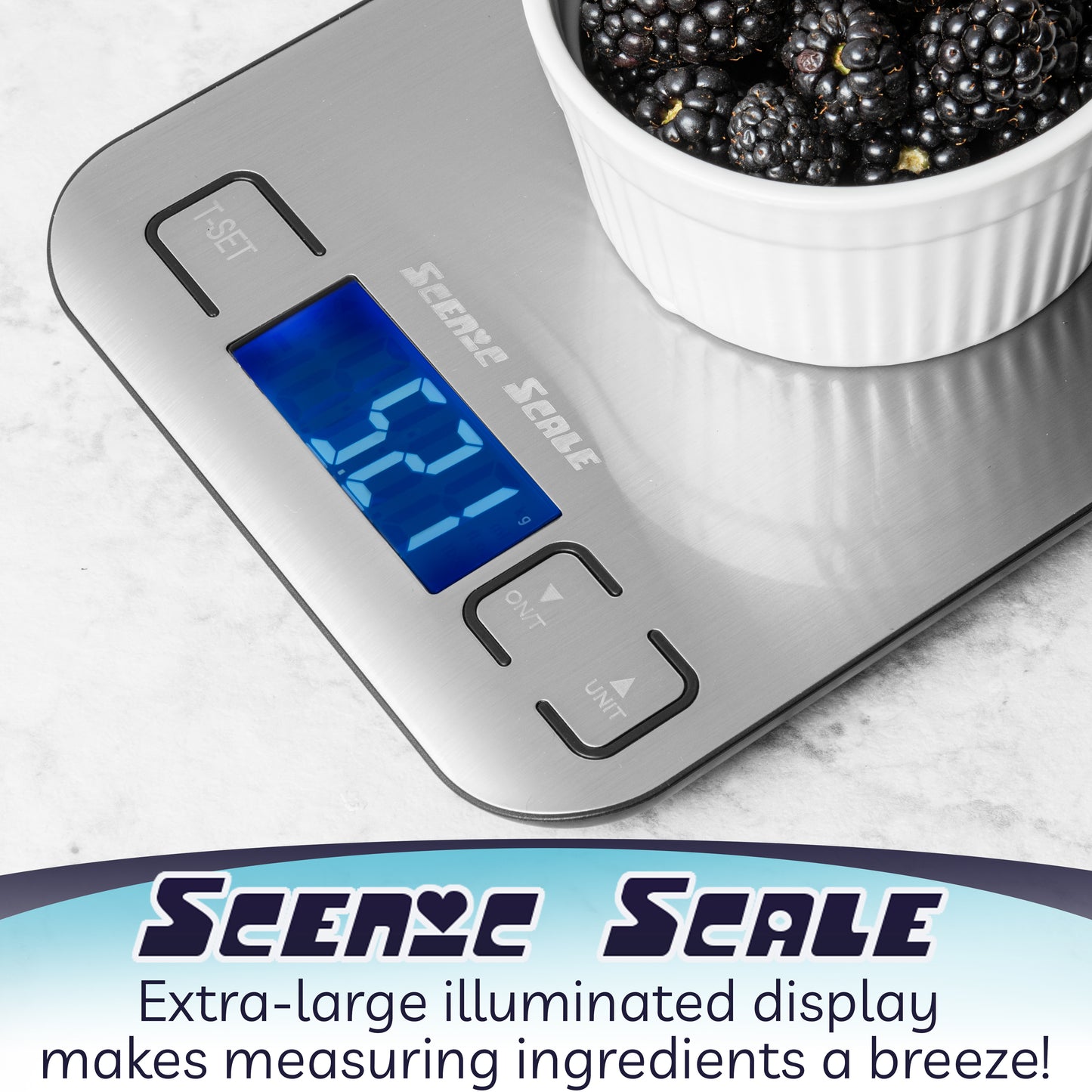 Balance alimentaire numérique de cuisine ScenicScale avec une capacité de 5 kg et une précision de 1 g en acier inoxydable.