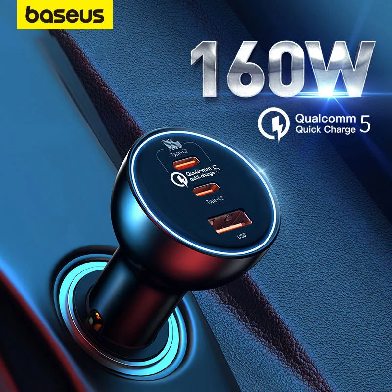 Super Fast Charger Baseus 160W USB C Car Charger | Quick Charge 5.0 PD 3.0 PPS | Triple Port Fast Car Phone Charger | Compatible with iPhone 13 12 11 Pro Max, Samsung Galaxy S22 S21, iPad, MacBook Pro, Pro Laptops Tablets