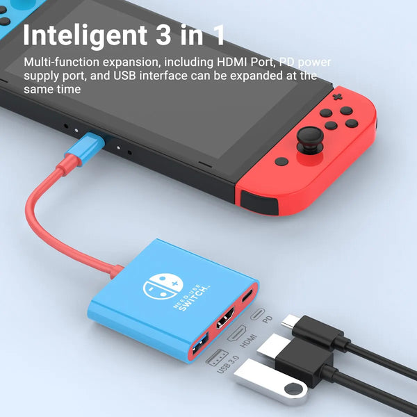 Adaptador de múltiplas portas XIBUZZ 3 em 1 compatível com Nintendo Switch - Hub USB-C com HDMI e USB 3.0 perfeito para viagens e jogos