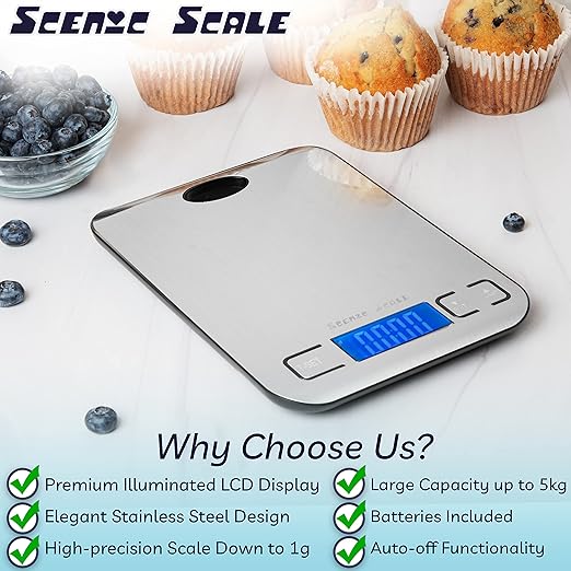 ScenicScale Digital Food Scale - 5000g Capacity, 1g Accuracy, Clear LCD Display
