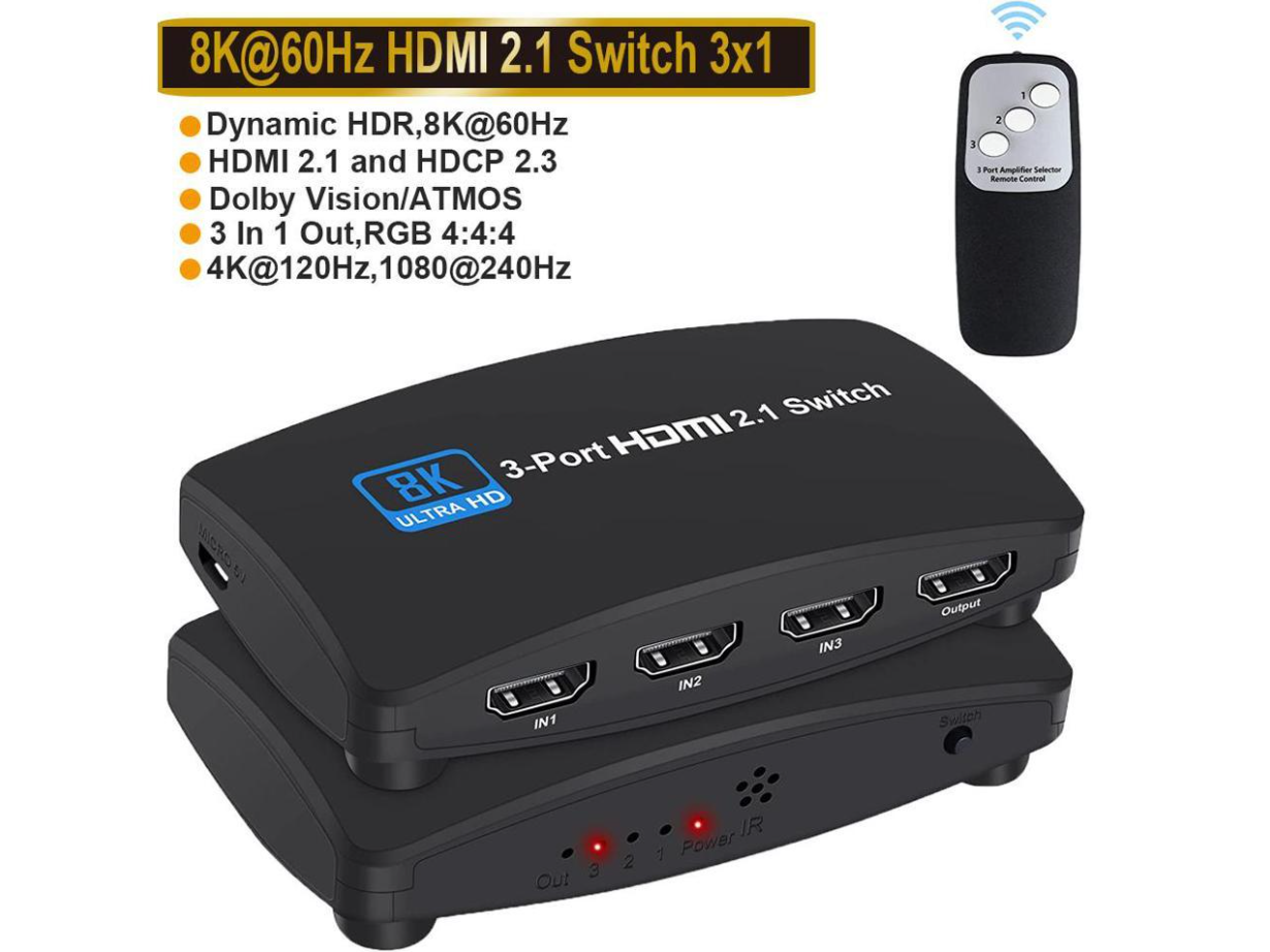 Bluetooth HDMI 2.1 Switcher with 3 In 1 Inputs 8K and 120Hz Support