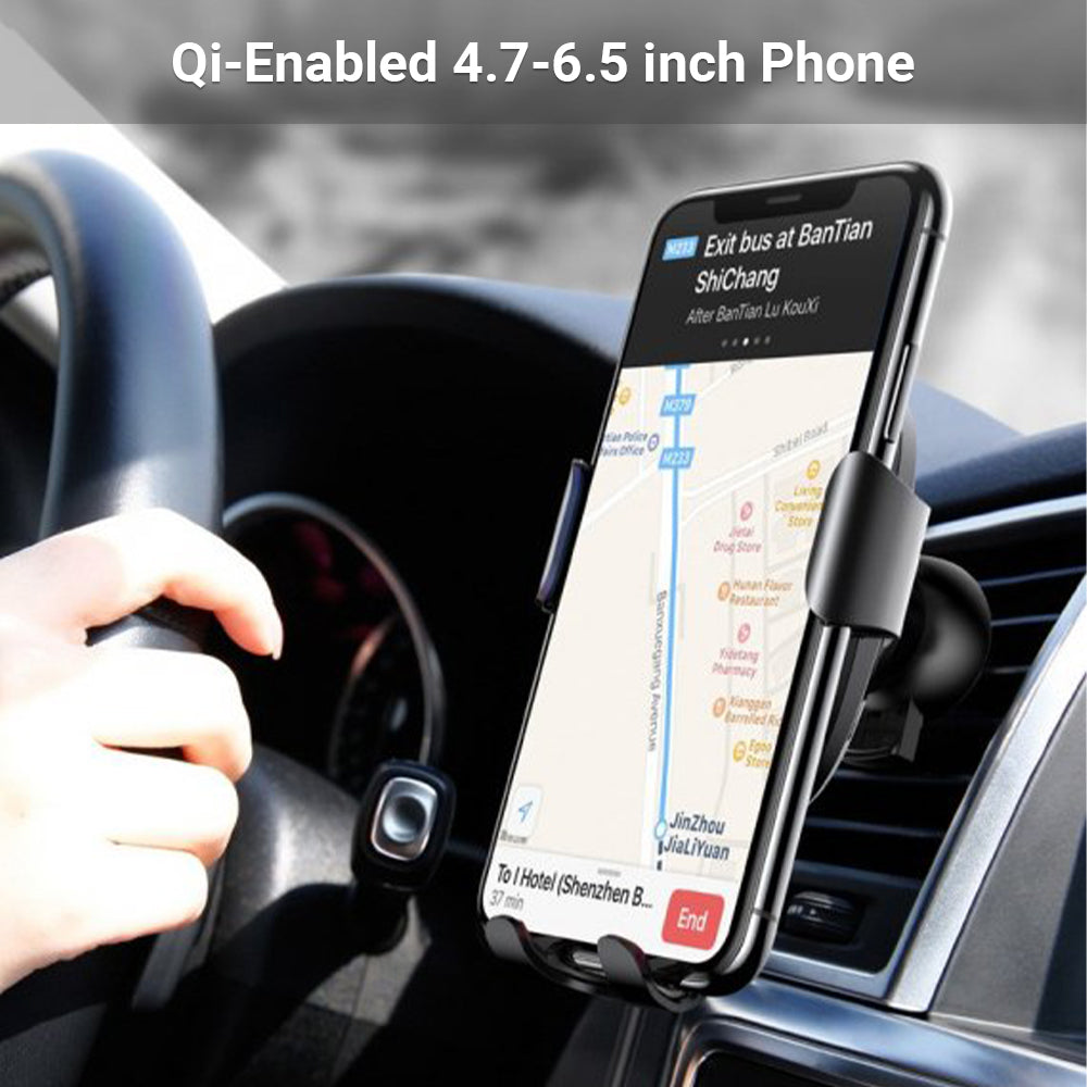 Suporte para telefone XIBUZZ para carro com carregador sem fio para telefone com montagem de fixação automática para montagem em carro compatível com iPhone, Galaxy e outros telefones de 4,7-6,5 polegadas habilitados para Qi-preto 1 pacote