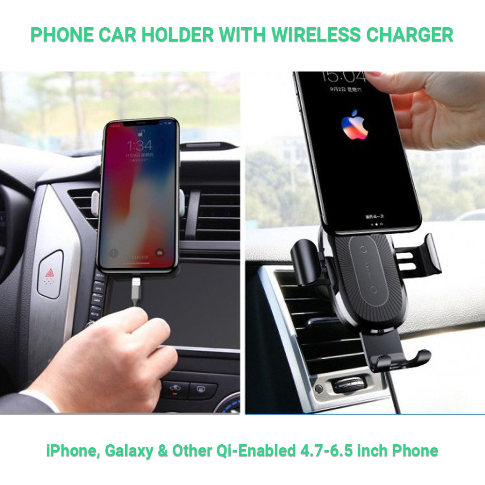 XIBUZZ Phone Car Holder with Phone Wireless Charger with Automatic Clamping Mount for Car Mount Compatible with iPhone, Galaxy & Other Qi-Enabled 4.7-6.5 inch Phone-Black 1 Pack