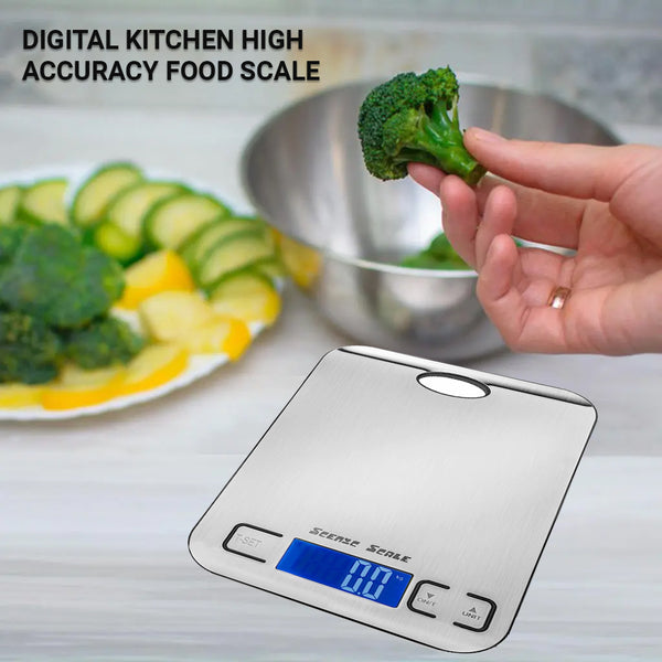 Balança digital para alimentos ScenicScale Kitchen com capacidade de 5kg e precisão de 1g em aço inoxidável.