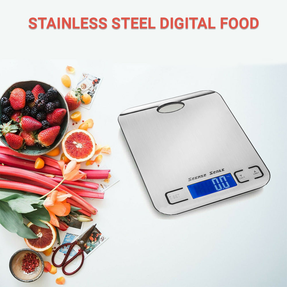 Balance alimentaire numérique de cuisine ScenicScale avec une capacité de 5 kg et une précision de 1 g en acier inoxydable.