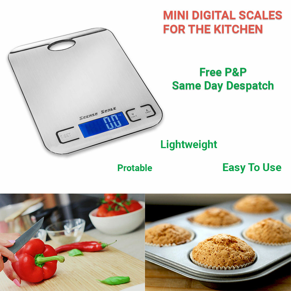 Balance alimentaire numérique de cuisine ScenicScale avec une capacité de 5 kg et une précision de 1 g en acier inoxydable.