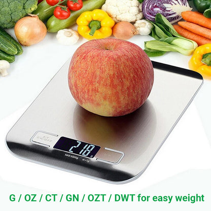 Balance alimentaire numérique de cuisine ScenicScale avec une capacité de 5 kg et une précision de 1 g en acier inoxydable.