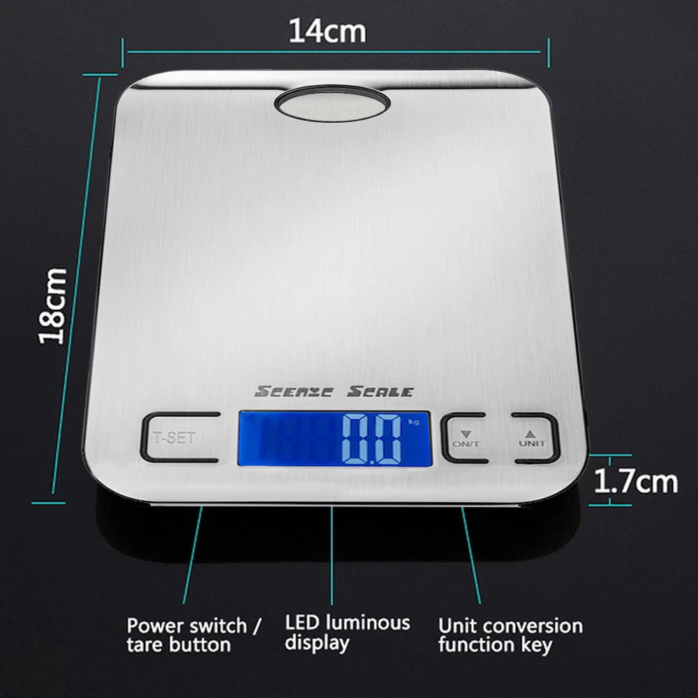 Balance alimentaire numérique de cuisine ScenicScale avec une capacité de 5 kg et une précision de 1 g en acier inoxydable.