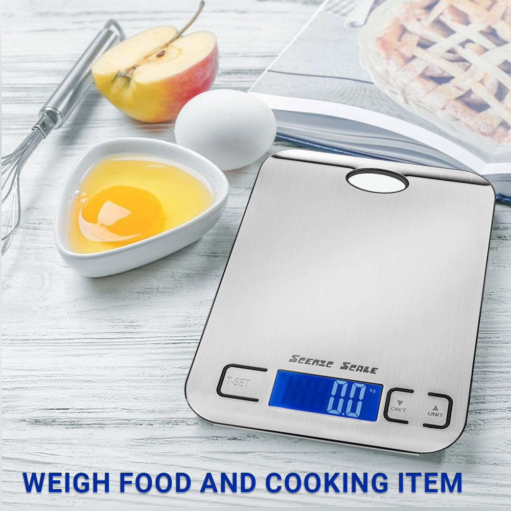 Balance alimentaire numérique de cuisine ScenicScale avec une capacité de 5 kg et une précision de 1 g en acier inoxydable.