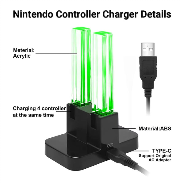 Dock de carregador de controlador Nintendo compatível com carregador Nintendo Switch e modelo OLED para Joycon, estação de carregamento para Joy con e para controlador Pro com indicador de carregador - preto