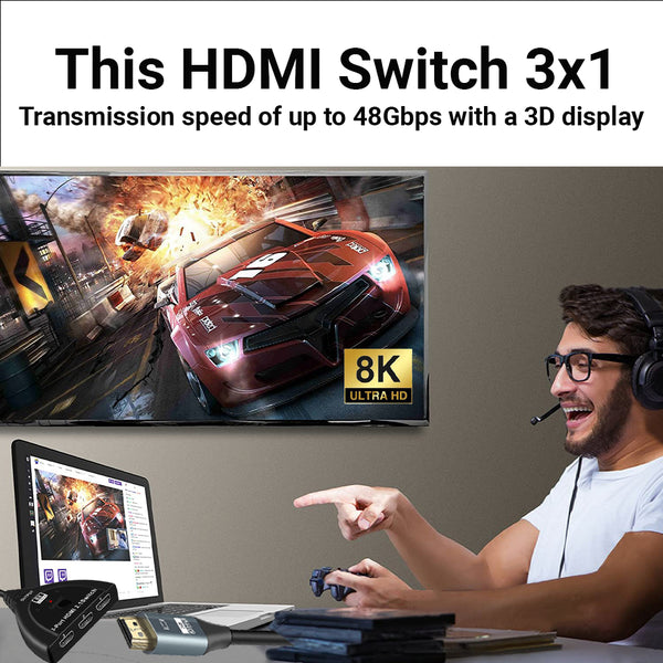 Cabo switcher 8K HDMI2.1 3 por 1
