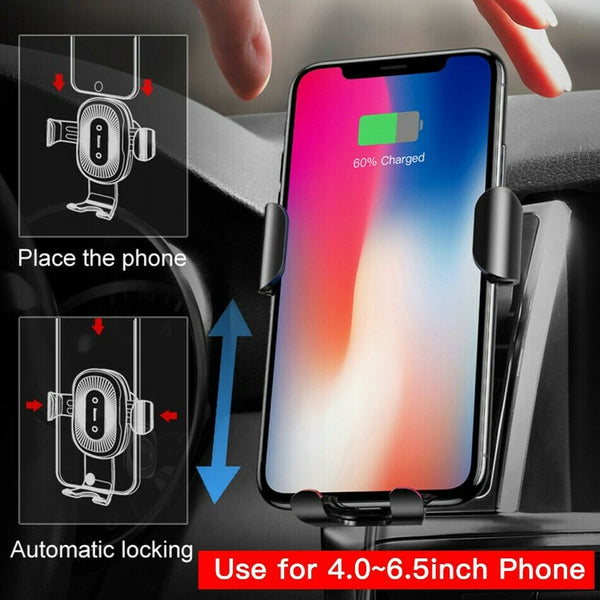 Suporte para telefone automotivo 2 em 1 e carregador sem fio Qi para iPhone e Samsung