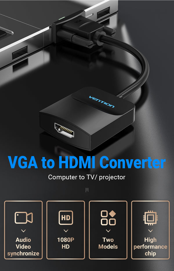 Cabo conversor VGA macho para HDMI fêmea com áudio USB.