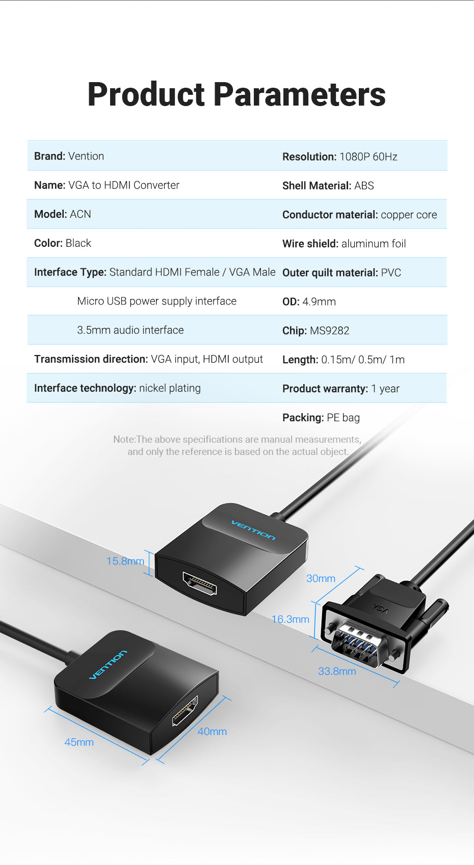 VGA Male to HDMI Female Converter Cable with USB audio.