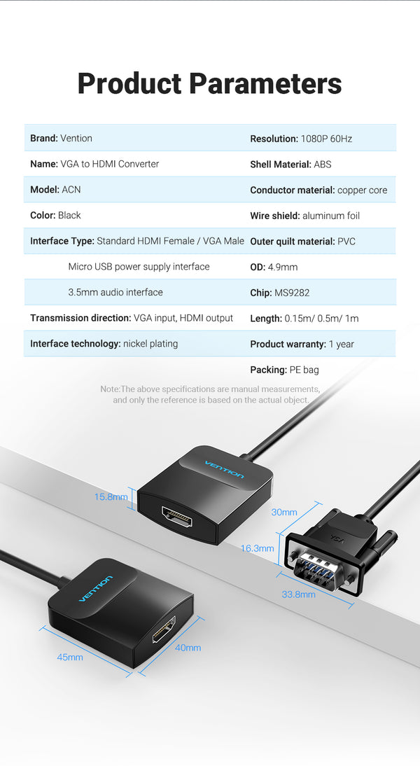 Cabo conversor VGA macho para HDMI fêmea com áudio USB.