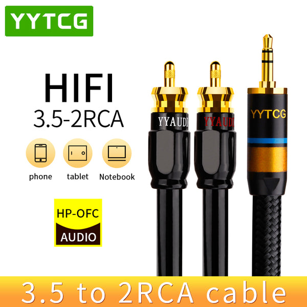 Cabo de áudio estéreo HiFi de 3,5 mm para 2RCA.